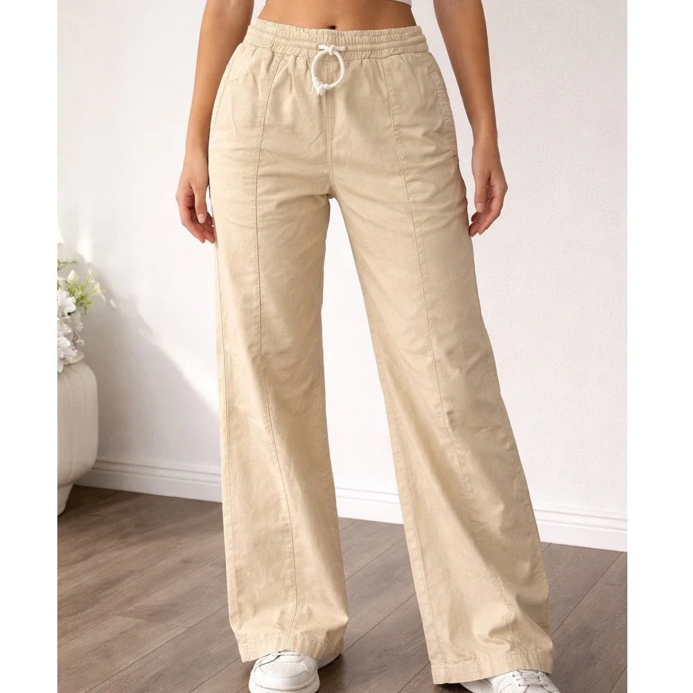 We The Free Free People Beige Cotton Wide Leg Utility Pants Drawstring Large H1